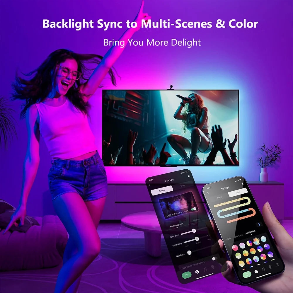 TV LED Backlight with AR Sensor, 16.4FT RGB Strip Lights for 65-75 Inch PC, TV & Monitor, Smart TV Lights behind That Sync with Screen, Compatible with App Music Sync, for Gaming Room