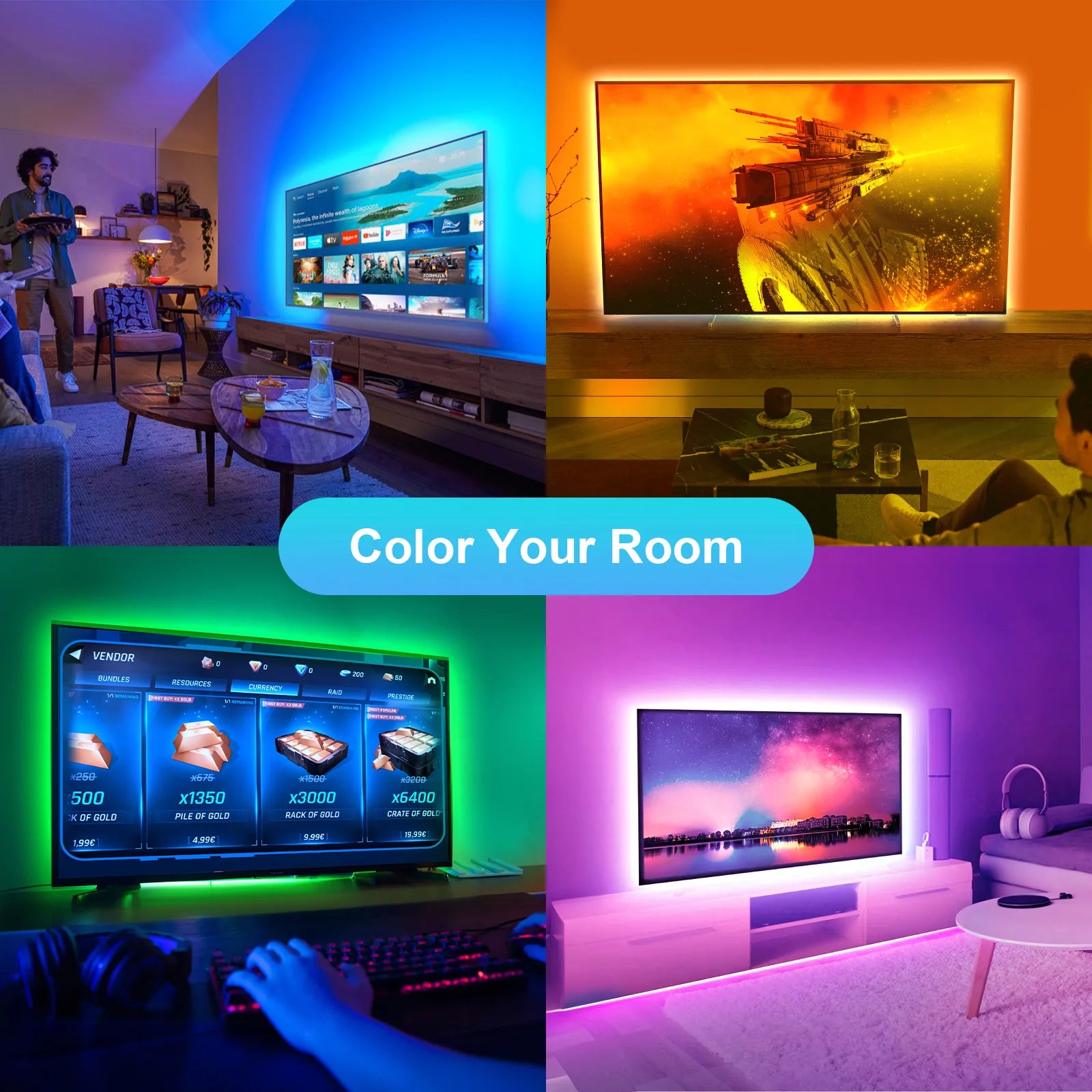Indoor Atmosphere:12.Ft TV LED Backlight with Camera, Smart Strip Light for 55-65-Inch TV PC (TV Sync Supports Offline) Wifi RGB