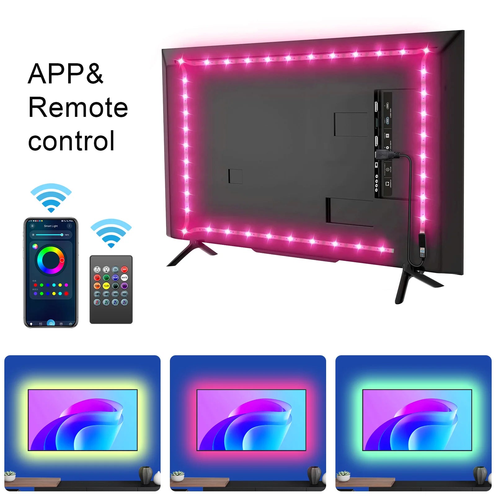 Indoor Atmosphere:12.Ft TV LED Backlight with Camera, Smart Strip Light for 55-65-Inch TV PC (TV Sync Supports Offline) Wifi RGB