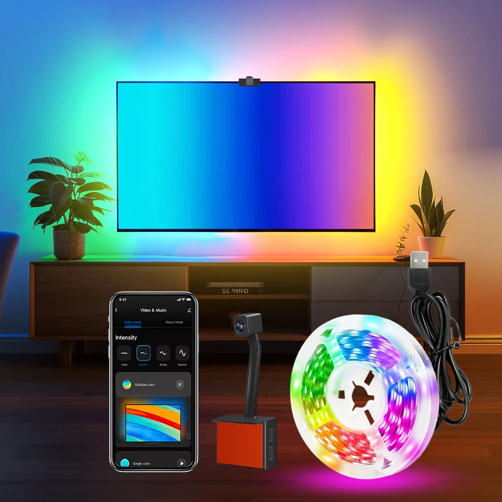 Indoor Atmosphere:12.Ft TV LED Backlight with Camera, Smart Strip Light for 55-65-Inch TV PC (TV Sync Supports Offline) Wifi RGB